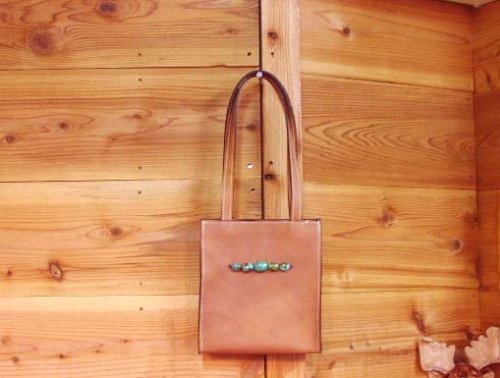 画像クリックで大きく確認できます　Click↓1: ターコイズ＆レザー ショルダートートバッグ/Turquoise&Leather Shoulder Tote Bag