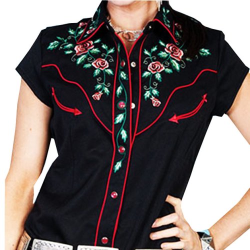 画像クリックで大きく確認できます　Click↓1: スカリー ウエスタン 刺繍 シャツ ブラック キャップスリーブXS/Scully Western Shirt(Women's)