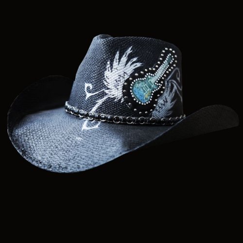 画像クリックで大きく確認できます　Click↓1: 光る ロックギター ウエスタンスタイル ストローハット/Western Straw Hat (Black)