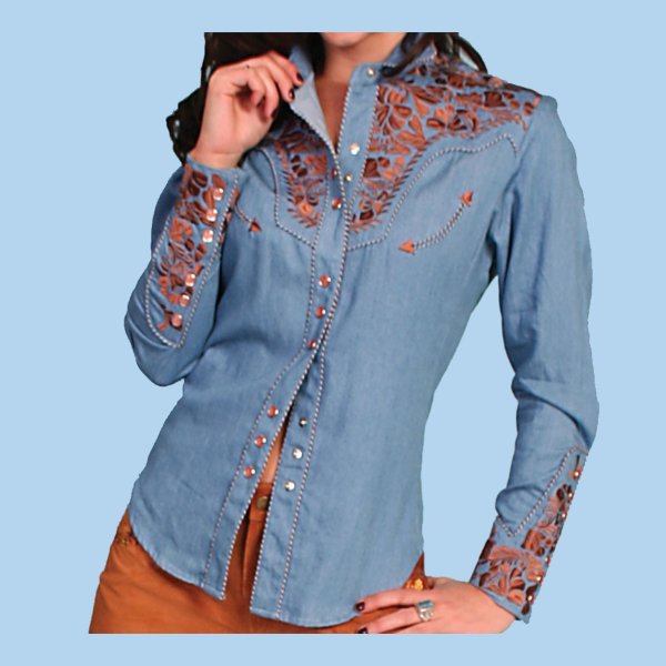 画像2: スカリー 刺繍 ウエスタン シャツ（長袖/ライトブルー）/Scully Long Sleeve Western Shirt(Women's) 