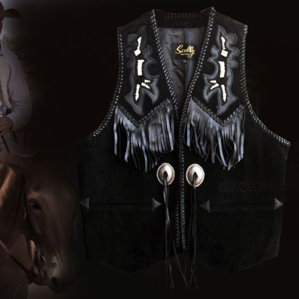 画像1: スカリー ウエスタン レザー フリンジ ベスト（ブラック）/Scully Western Leather Fringe Vest