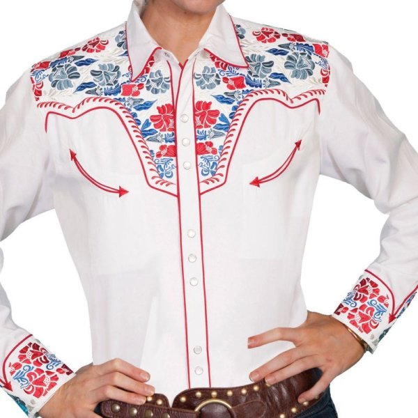 画像1: スカリー 刺繍 ウエスタン シャツ（長袖/ホワイト・フローラルマルチカラー）/Scully Long Sleeve Western Shirt(Women's)