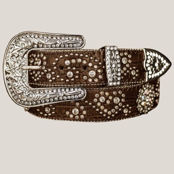 画像1: ハート＆ベリー ラインストーン&スタッズ ウエスタン ベルト（ブラウン）/Rhinestone Studs Western Belt(Brown)