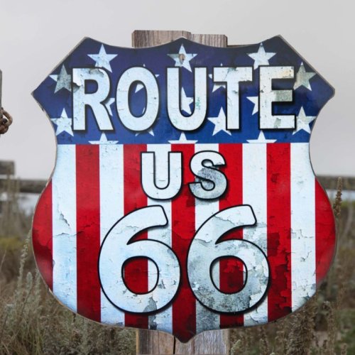 画像クリックで大きく確認できます　Click↓1: ルート66 アメリカンフラッグ メタルサイン/Metal Sign Route 66