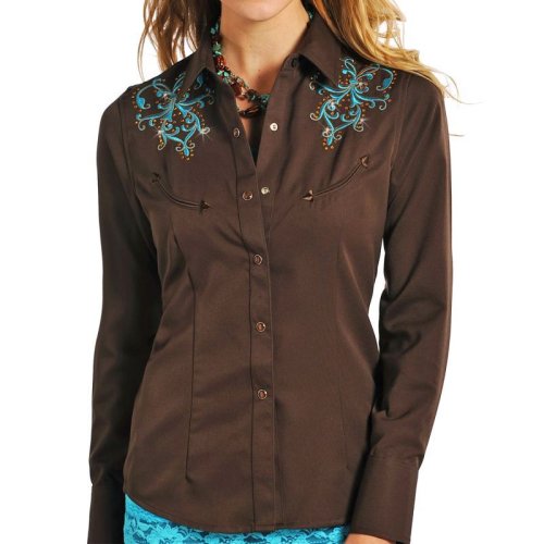 画像クリックで大きく確認できます　Click↓2: パンハンドルスリム 刺繍&ラインストーン ウエスタンシャツ ブラウン・ターコイズ（長袖/レディース）/Panhandle Slim Long Sleeve Western Shirt(Women's)