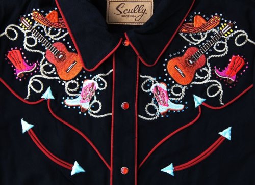 画像クリックで大きく確認できます　Click↓2: スカリー 刺繍 ラインスト－ン ウエスタン シャツ（長袖/ブラック ブーツ・ギター・ハット）XS・S/Scully Long Sleeve Western Shirt(Women's)