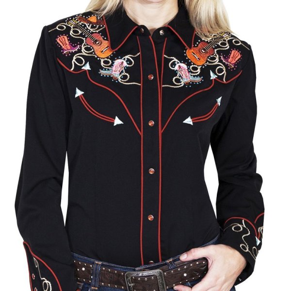 画像1: スカリー 刺繍 ラインスト－ン ウエスタン シャツ（長袖/ブラック ブーツ・ギター・ハット）XS・S/Scully Long Sleeve Western Shirt(Women's)