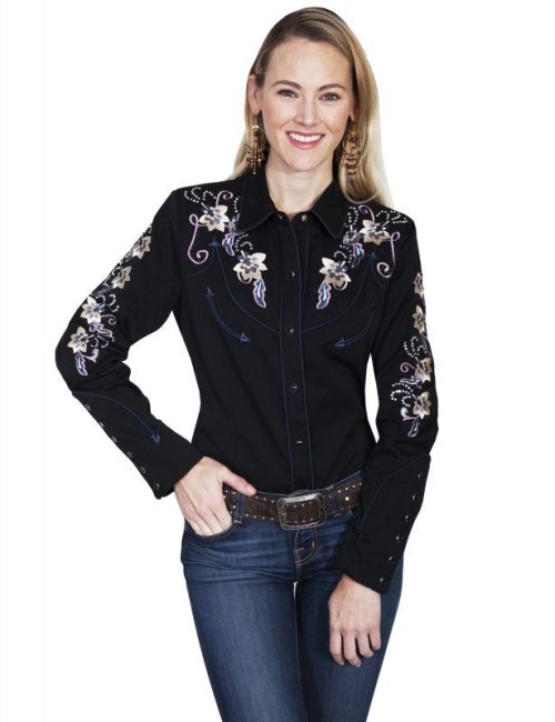 画像クリックで大きく確認できます　Click↓1: スカリー フローラル刺繍 ラインストーン ウエスタン シャツ（長袖/ブラック）/Scully Long Sleeve Western Shirt(Women's)