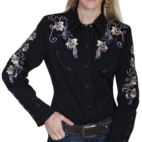 画像1: スカリー フローラル刺繍 ラインストーン ウエスタン シャツ（長袖/ブラック）/Scully Long Sleeve Western Shirt(Women's)