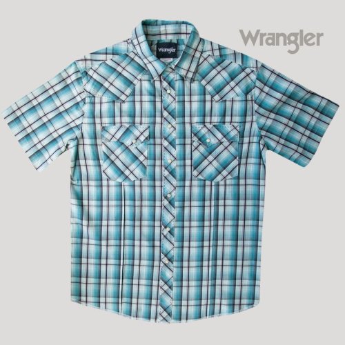 画像クリックで大きく確認できます　Click↓1: ラングラー 半袖 ウエスタンシャツ ターコイズブルーM/Wrangler Short Sleeve Western Shirt