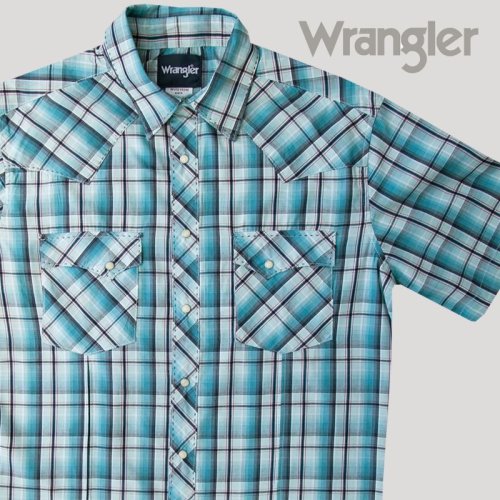 画像クリックで大きく確認できます　Click↓2: ラングラー 半袖 ウエスタンシャツ ターコイズブルーM/Wrangler Short Sleeve Western Shirt