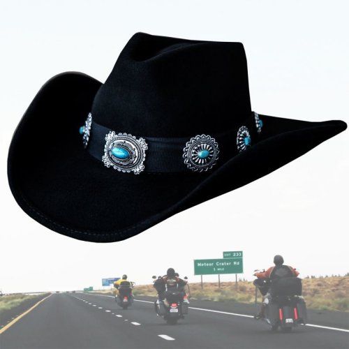 画像クリックで大きく確認できます　Click↓2: シルバー&ターコイズコンチョ カウボーイ ハット（ブラック）/Western Felt Hat(Black)