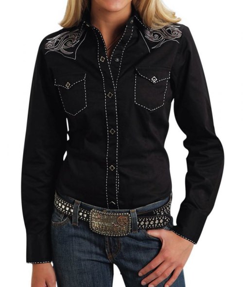 画像クリックで大きく確認できます　Click↓1: ローパー 刺繍&ステッチ ウエスタンシャツ ブラック（長袖/レディース）/Roper Long Sleeve Western Shirt(Women's)
