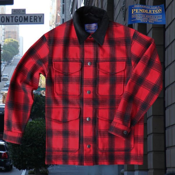 画像1: ペンドルトン ピュアーヴァ－ジンウールストリート クルーザー コート（レッド・ブラック）/Pendleton Street Cruiser Coat (Red Black)