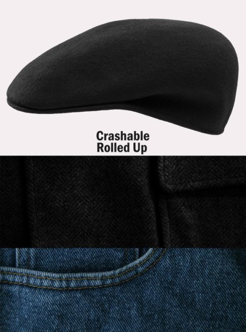 画像クリックで大きく確認できます　Click↓1: ハンチングキャップ・クラッシャブル&ロールアップ ウール カフリーハット（ブラック）/Cuffley Hat(Black)