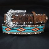 アリアット ビーズ・ラインストーン・シルバースタッズ カーフヘアー ウエスタン ベルト（ブラウン・ターコイズ）/Ariat Beaded Western Belt(Brown Calf Hair/Turquoise)