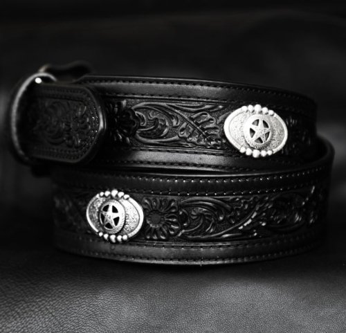 画像クリックで大きく確認できます　Click↓2: スターコンチョ&フラワー レザーベルト（ブラック）34/Western Floral Embossed Leather Belt(Black)