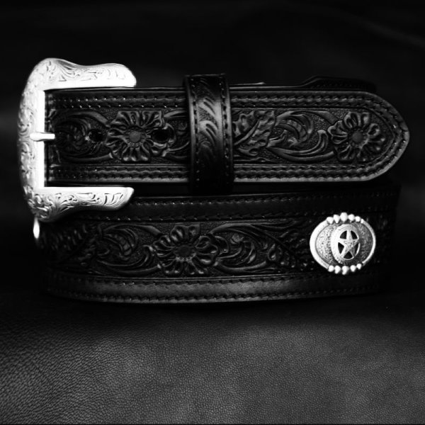 画像4: スターコンチョ&フラワー レザーベルト（ブラック）34/Western Floral Embossed Leather Belt(Black)