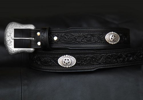 画像クリックで大きく確認できます　Click↓1: スターコンチョ&フラワー レザーベルト（ブラック）34/Western Floral Embossed Leather Belt(Black)