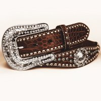 ノコナ ラインストーン・スタッズ クロコダイルデザイン スカロップ ベルト（ブラウン・ターコイズ）/Nocona Western Belt(Brown)