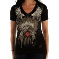 リバティーウエア ラインストーン ハート・ヘッドドレス 半袖Tシャツ（ブラック）/Liberty Wear Short Sleeve T-shirt(Women's)