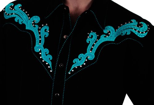 画像クリックで大きく確認できます　Click↓2: スカリー スクロール刺繍・メタルスタッズ・キャンディケイン ウエスタン シャツ（長袖/ブラック・ターコイズ）/Scully Long Sleeve Embroidered Western Shirt(Men's)