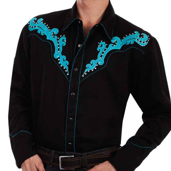 画像1: スカリー スクロール刺繍・メタルスタッズ・キャンディケイン ウエスタン シャツ（長袖/ブラック・ターコイズ）/Scully Long Sleeve Embroidered Western Shirt(Men's)