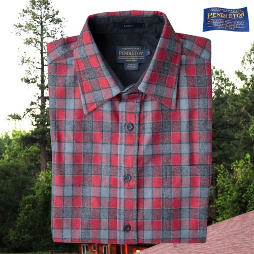 画像クリックで大きく確認できます　Click↓1: ペンドルトン ウール シャツ・フィッテッド ロッジシャツ（長袖・グレー・レッドチェック）/Pendleton Fitted Lodge Shirt (Grey/Red Check)