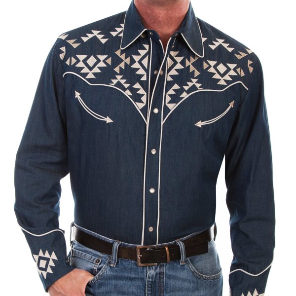 画像1: スカリー アズテック刺繍 ウエスタン シャツ（長袖/デニム）/Scully Long Sleeve Embroidered Western Shirt(Men's)