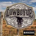 モンタナシルバースミス カウボーイアップ ロングホーン スカル ベルト バックル/Montana Silversmiths Cowboy Up Longhorn Skull Belt Buckle