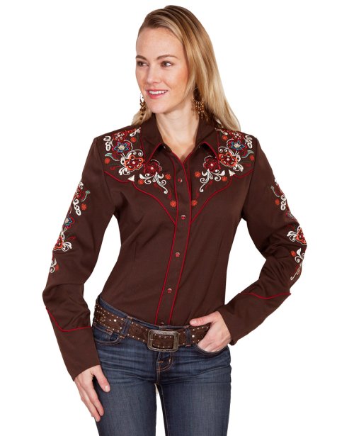 画像クリックで大きく確認できます　Click↓2: スカリー フローラル刺繍 ウエスタン シャツ（長袖/チョコレート）M/Scully Long Sleeve Western Shirt(Women's)