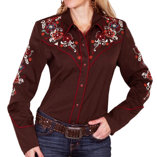 画像クリックで大きく確認できます　Click↓1: スカリー フローラル刺繍 ウエスタン シャツ（長袖/チョコレート）M/Scully Long Sleeve Western Shirt(Women's)