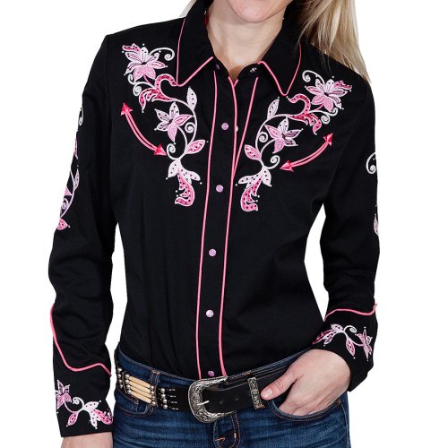 画像クリックで大きく確認できます　Click↓1: スカリー ピンクフローラル 刺繍 ウエスタン シャツ（長袖/ブラック）/Scully Long Sleeve Western Shirt(Women's)