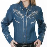 スカリー フローラル刺繍 ラインストーン ウエスタン シャツ（長袖/デニム）/Scully Long Sleeve Western Shirt(Women's)