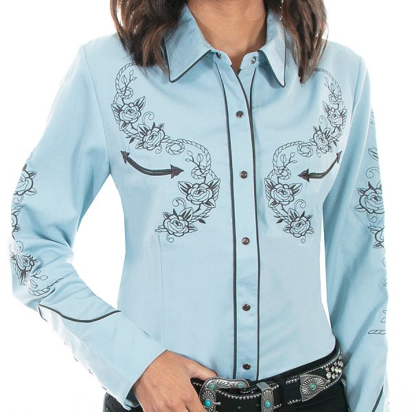 画像1: スカリー ロープ&ローズ 刺繍 ウエスタン シャツ（長袖/ライトブルー）M/Scully Long Sleeve Western Shirt(Women's)