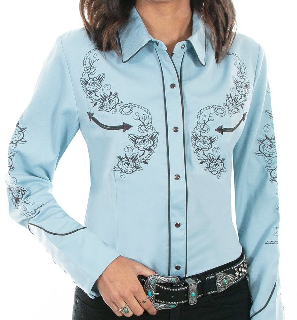 画像2: スカリー ロープ&ローズ 刺繍 ウエスタン シャツ（長袖/ライトブルー）M/Scully Long Sleeve Western Shirt(Women's)