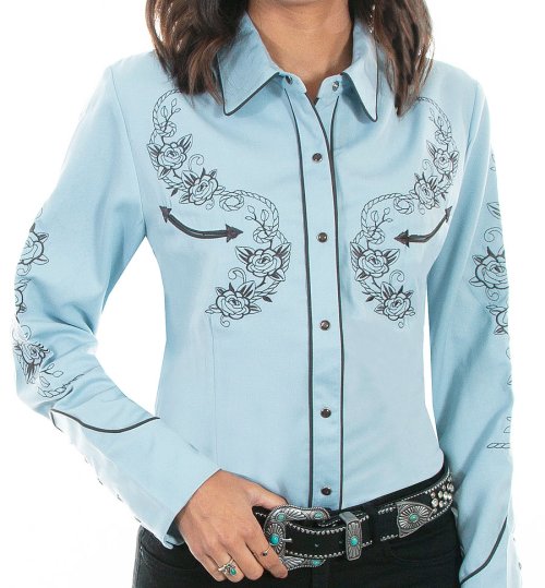 画像クリックで大きく確認できます　Click↓2: スカリー ロープ&ローズ 刺繍 ウエスタン シャツ（長袖/ライトブルー）M/Scully Long Sleeve Western Shirt(Women's)