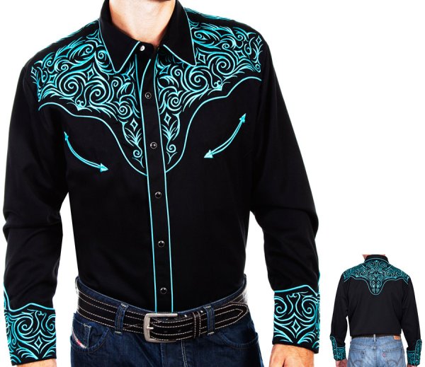 画像3: スカリー ウエスタン 刺繍 シャツ（長袖/ブラック・スクロールターコイズ）S/Scully Long Sleeve Embroidered Western Shirt(Men's)