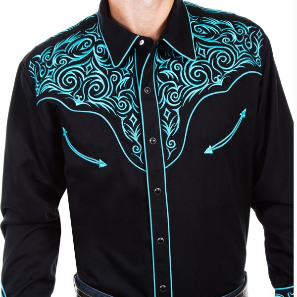 画像1: スカリー ウエスタン 刺繍 シャツ（長袖/ブラック・スクロールターコイズ）S/Scully Long Sleeve Embroidered Western Shirt(Men's)