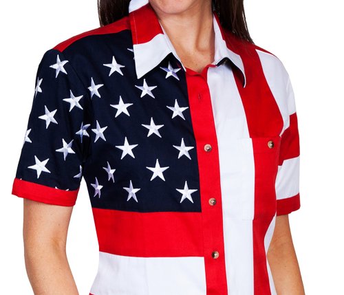 画像クリックで大きく確認できます　Click↓1: スカリー 刺繍スター☆ USA アメリカ国旗 シャツ（半袖/アメリカンフラッグ）/Scully Western Shirt(Women's)