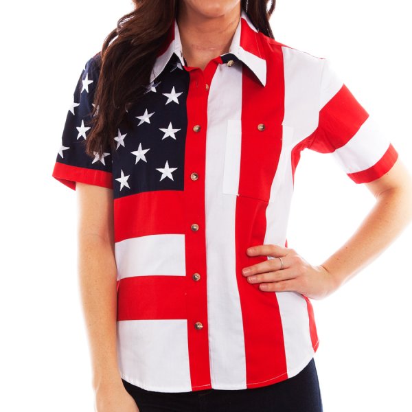 画像1: スカリー 刺繍スター☆ USA アメリカ国旗 シャツ（半袖/アメリカンフラッグ）/Scully Western Shirt(Women's)