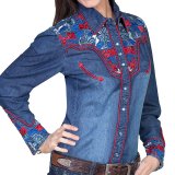 スカリー 刺繍 ウエスタン シャツ（長袖/デニム・フローラルマルチカラー）/Scully Long Sleeve Western Shirt(Women's)