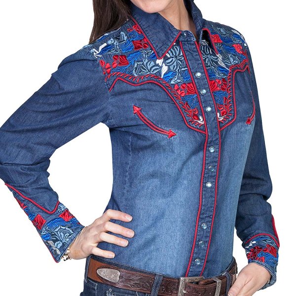 画像1: スカリー 刺繍 ウエスタン シャツ（長袖/デニム・フローラルマルチカラー）/Scully Long Sleeve Western Shirt(Women's)