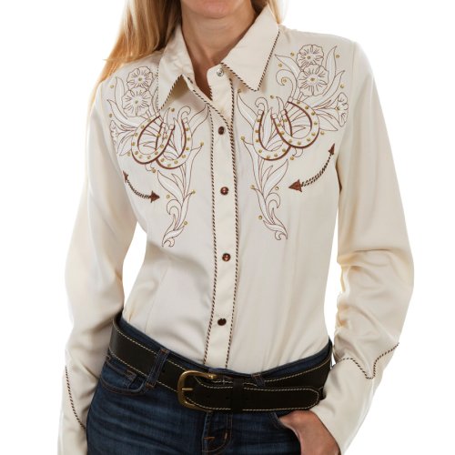 画像クリックで大きく確認できます　Click↓1: スカリー ローズ＆ホースシュー刺繍 ラインストーン ウエスタン シャツ（長袖/クリーム）/Scully Long Sleeve Western Shirt(Women's)