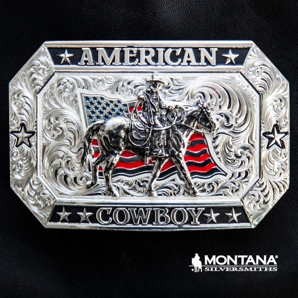 画像1: モンタナシルバースミス アメリカン カウボーイ フラッグ・ホースライディング ベルト バックル/Montana Silversmiths American Cowboy Flag Belt Buckle
