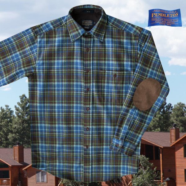 画像1: ペンドルトン ピュアー ヴァ－ジン ウール シャツ・エルボーパッチ トレイルシャツ ブルー・ブラウン・グリーンプラッドS/Pendleton Trail Shirt (Blue Brown Green Plaid)