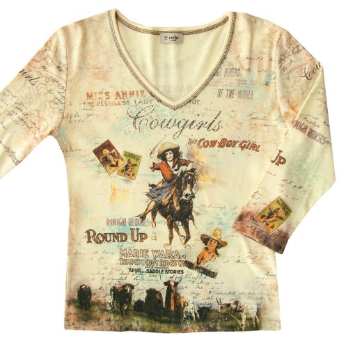 画像クリックで大きく確認できます　Click↓1: カウガール ラインストーン ウエスタン Tシャツ（レディース）S/Women's Western T-shirt(Yellow)