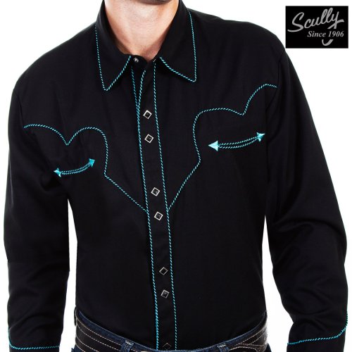 画像クリックで大きく確認できます　Click↓1: スカリー ウエスタン シャツ（長袖/ブラック・ターコイズキャンディケインパイピング）/Scully Long Sleeve Western Shirt(Men's)