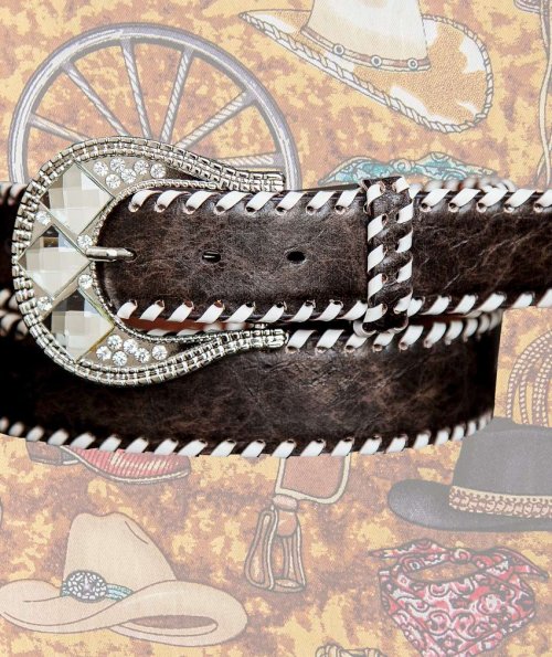画像クリックで大きく確認できます　Click↓2: ノコナ ラインストーンバックル・ウィップステッチ&刺繍 ウエスタン ベルト（ブラウン・シルバー）/Nocona Whip-Stiched Embroidered Belt