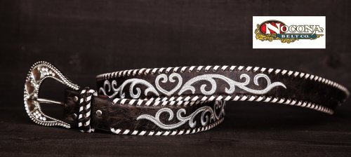 画像クリックで大きく確認できます　Click↓3: ノコナ ラインストーンバックル・ウィップステッチ&刺繍 ウエスタン ベルト（ブラウン・シルバー）/Nocona Whip-Stiched Embroidered Belt